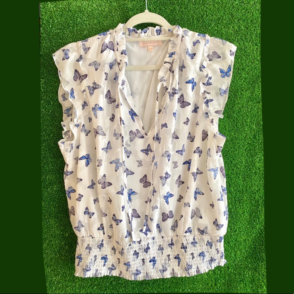White blouse with Blue Butterflies